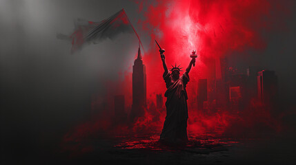 Statue of Liberty holding a red burning flame in her hand in front of new york city background. Hate and destruction of democracy wallpaper - obrazy, fototapety, plakaty