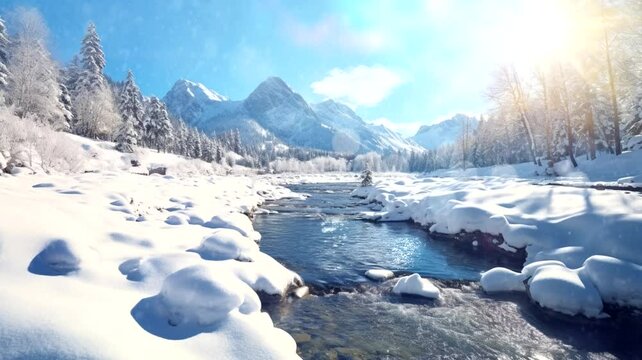 Scene View of a snowy river with a mountain background, animated virtual repeating seamless 4k