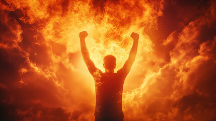 Fototapeta na wymiar Political Demonstration: Man with Raised Arms in a Fiery Atmosphere