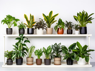 a group of potted plants on shelves