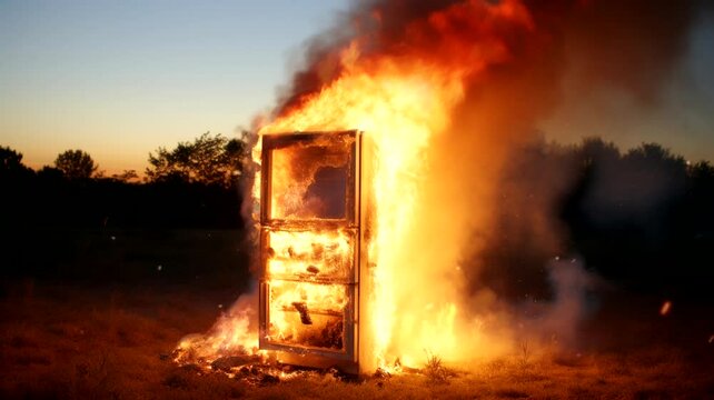 Burning refrigerator scene, animated virtual repeating seamless 4k