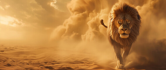 A regal lion strides forward, mane billowing, in a dramatic desert scene under a stormy sky - obrazy, fototapety, plakaty