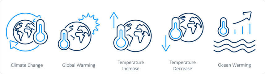 A set of 5 climate change icons as climate change, global warming, temperature increase