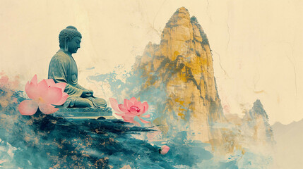 louts in water colour a bouquet of flowers with budda - obrazy, fototapety, plakaty