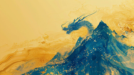 chinese dragon with mountains painting - obrazy, fototapety, plakaty