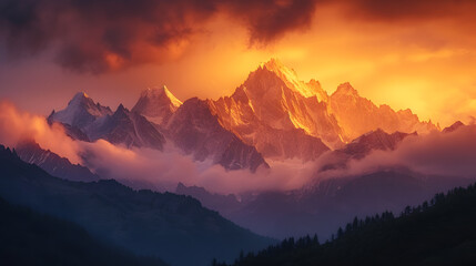 A majestic mountain range, with snow-capped peaks as the background, during a golden sunset in the summer