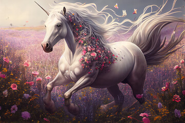 Obraz na płótnie Canvas Mythical unicorn in a blooming field. AI generated