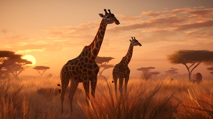 Fototapeta na wymiar Giraffes walking together through the savanna at sunset.
