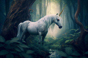 Obraz na płótnie Canvas Unicorn in the mysterious forest. AI generated