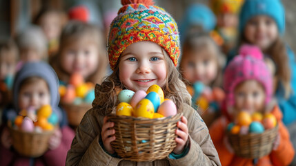 Fototapeta premium Smiling beautiful little girl, holding a basket with colorful Easter eggs. A group of kids standing on a background. Easter egg hunt game concept.