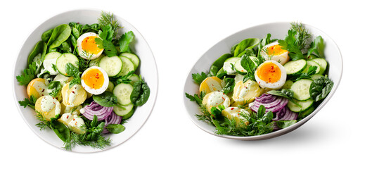 Green Buddha Bowl with Spring Herbs and Vegetables, Healthy Balanced Meal, Bowl or Salad on White Background