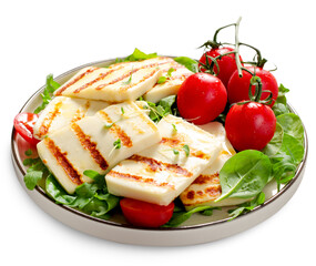 Grilled Halloumi Cheese with Cherry Tomatoes, Tasty Appetizer, Salad, Ketogenic, Paleo Lunch on White Background