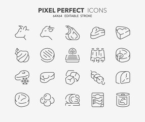 Line icons about cow and veal meats products. Outline symbol collection. Editable vector stroke. 64x64 Pixel Perfect.