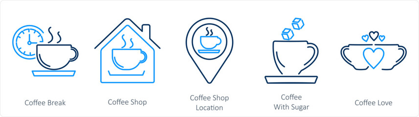 A set of 5 Coffee icons as coffee break, coffee shop, coffee shop location