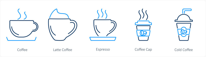 A set of 5 Coffee icons as coffee, latte coffee, espresso