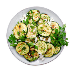 Grilled Zucchini Warm Salad, Zucchini, Feta, Corn and Herbs Appetizer, Salad on White Background