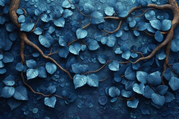Forest has Dark Leaves and Blue Color Palette in the Style of detailed Fantasy Art - Blue Decorative Relief Twisted Branches detailed Engraving Wallpaper created with Generative AI Technology - obrazy, fototapety, plakaty