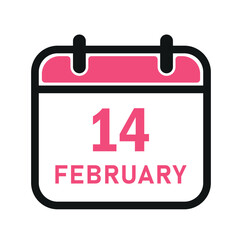 Calendar Icon 14 February Valentines Day with Black Outline Clipart Vector Illustration
