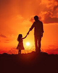 Obraz premium Silhouettes of Father and Daughter Against Sun