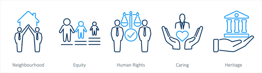 A set of 5 Community icons as neighbourhood, equity, human rights