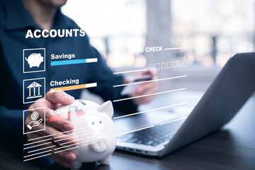 Budget and Saving money concept for financial accounting,businessman holding piggy bank, financial plan and Money saving ideas, business finance and investment, life and family planning. - obrazy, fototapety, plakaty