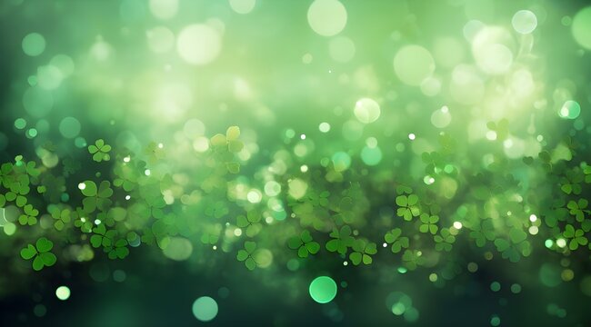 St. Patrick's Day background with bokeh lights and shamrocks.