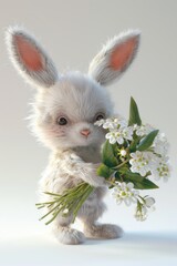 Fluffy bunny surrounded by a basket of spring blooms