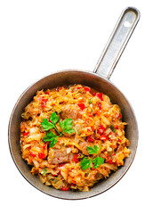 Stewed Cabbage with Meat and Vegetables, Comfort Food, Braised Cabbage, Tasty Meal on White Background