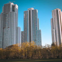 City buildings in a spacious grassy vicinity: Skopje, North Macedonia