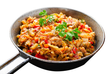 Stewed Cabbage with Meat and Vegetables, Comfort Food, Braised Cabbage, Tasty Meal on White Background