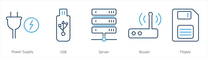 A set of 5 Computer Parts icons as power supply, usb, server