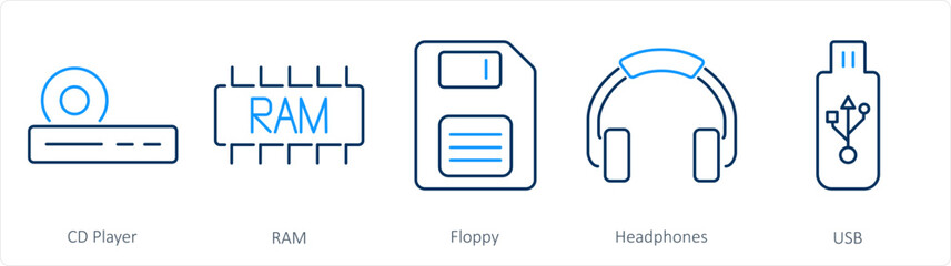 A set of 5 Computer Parts icons as cd player, ram, floppy