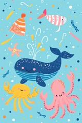 Cheerful marine creatures party beneath the waves.