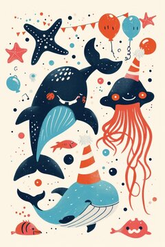 Underwater birthday joy with playful sea creatures. © Oly Cazac
