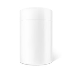 Paper tube package mockup. You can add own custom label. Vector illustration isolated on white background. Can be used for food, cosmetic, medical. Vector illustration. EPS10.