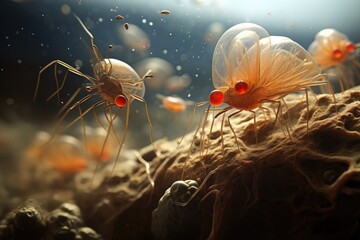 Small organisms interacting in a symbiotic relationship.