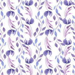 watercolor seamless pattern ornament with blue branches on white backdrop 