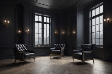 Fototapeta na wymiar Dark waiting room interior with two armchairs and panoramic window,