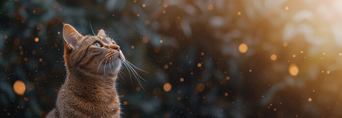 A cute cat looking outside at the starry colorful sky. Cute kitten magical sparkles. Starry glow...