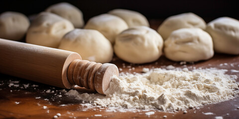 a rolling pin with flour on a table - obrazy, fototapety, plakaty