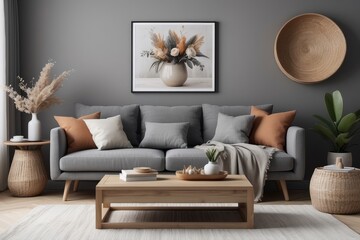 Stylish and design home interior of living room with gray sofa, wooden coffee table , pillows, blankets, rattan lamp, cube flowers, basket and elegant accessories