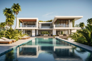 Fototapeta premium Luxury hotel. Contemporary modern house. Exterior of real estate. Holiday villa with swimming pool. Business resort. Travel during summer vacation