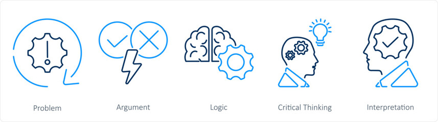 A set of 5 Critical Thinking icons as problem, argument, logic