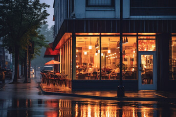 People sitting in coffee shop at night on rainy evening. Exterior of restaurant with large front store windows. Small business. Coffee house at night - obrazy, fototapety, plakaty