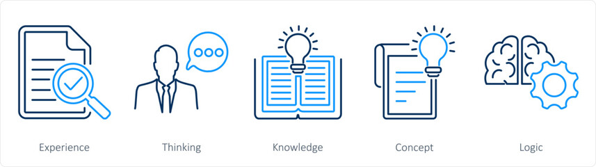 A set of 5 Critical Thinking icons as experience, thinking, knowledge