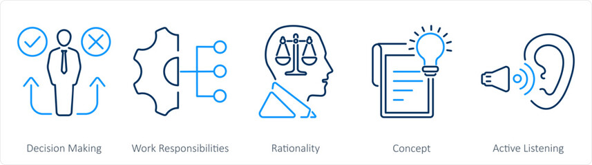 A set of 5 Critical Thinking icons as decision making, work responsibilities, rationality