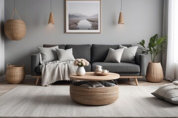 Fototapeta na wymiar Stylish and design home interior of living room with gray sofa, wooden coffee table , pillows, blankets, rattan lamp, cube flowers, basket and elegant accessories