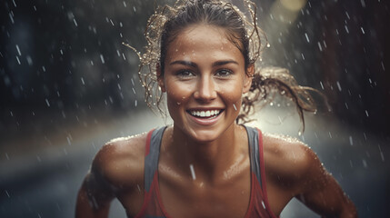 Obraz premium Portrait of a Strong Woman Running under the Rain. Sport and strenght of will.