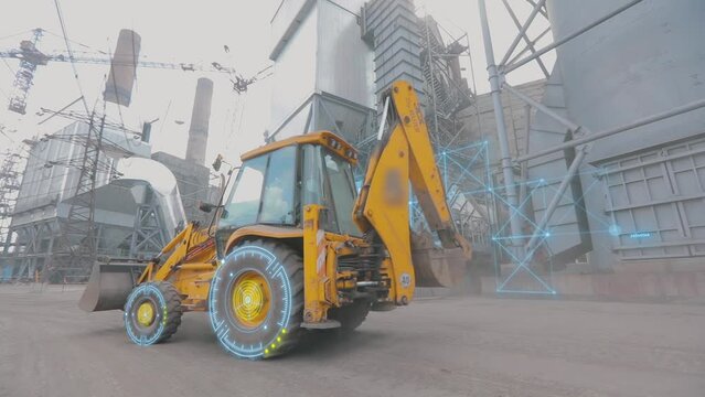 A smart construction site. Visualization of smart construction. The backhoe works at the smart construction site. The concept of a smart backhoe.