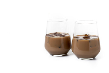 Traditional Irish cream coffee liqueur with ice isolated on white background. Copy space